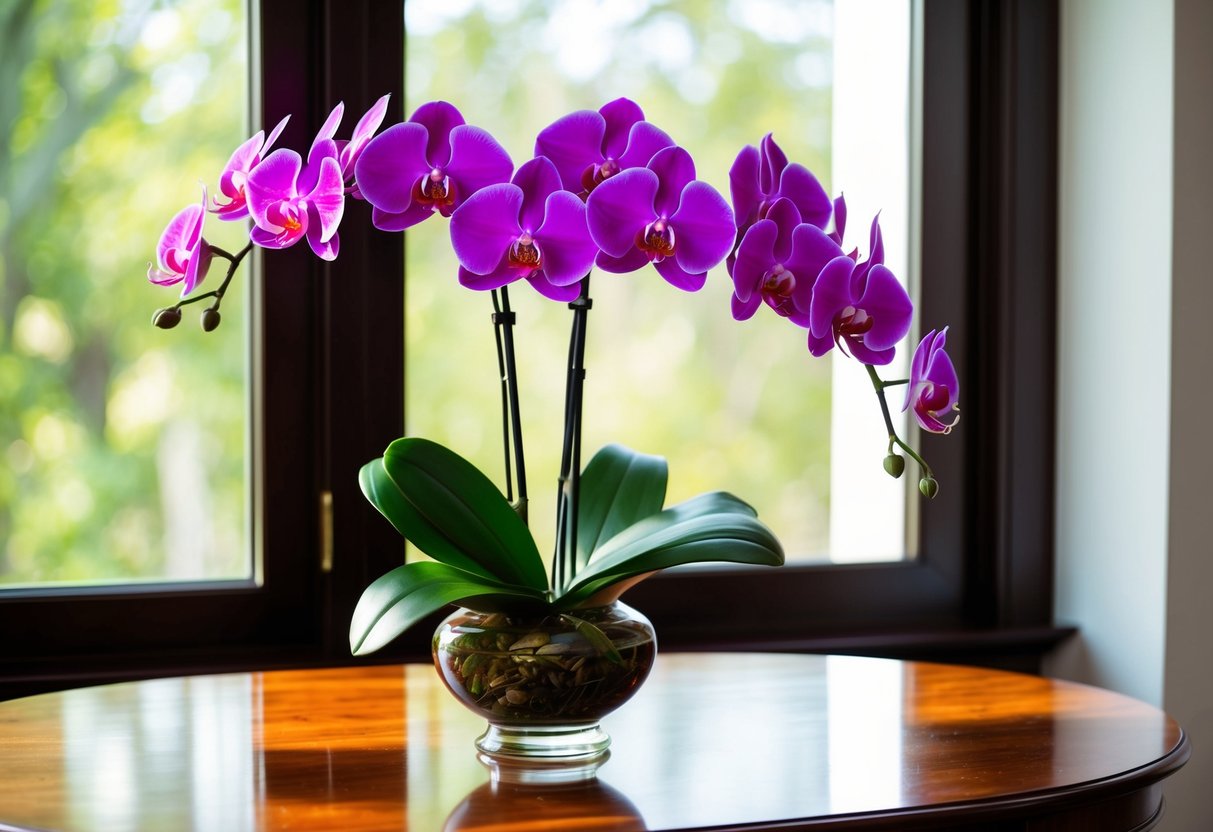 A vase of vibrant silk orchids sits on a polished wooden table, illuminated by soft natural light filtering through a nearby window