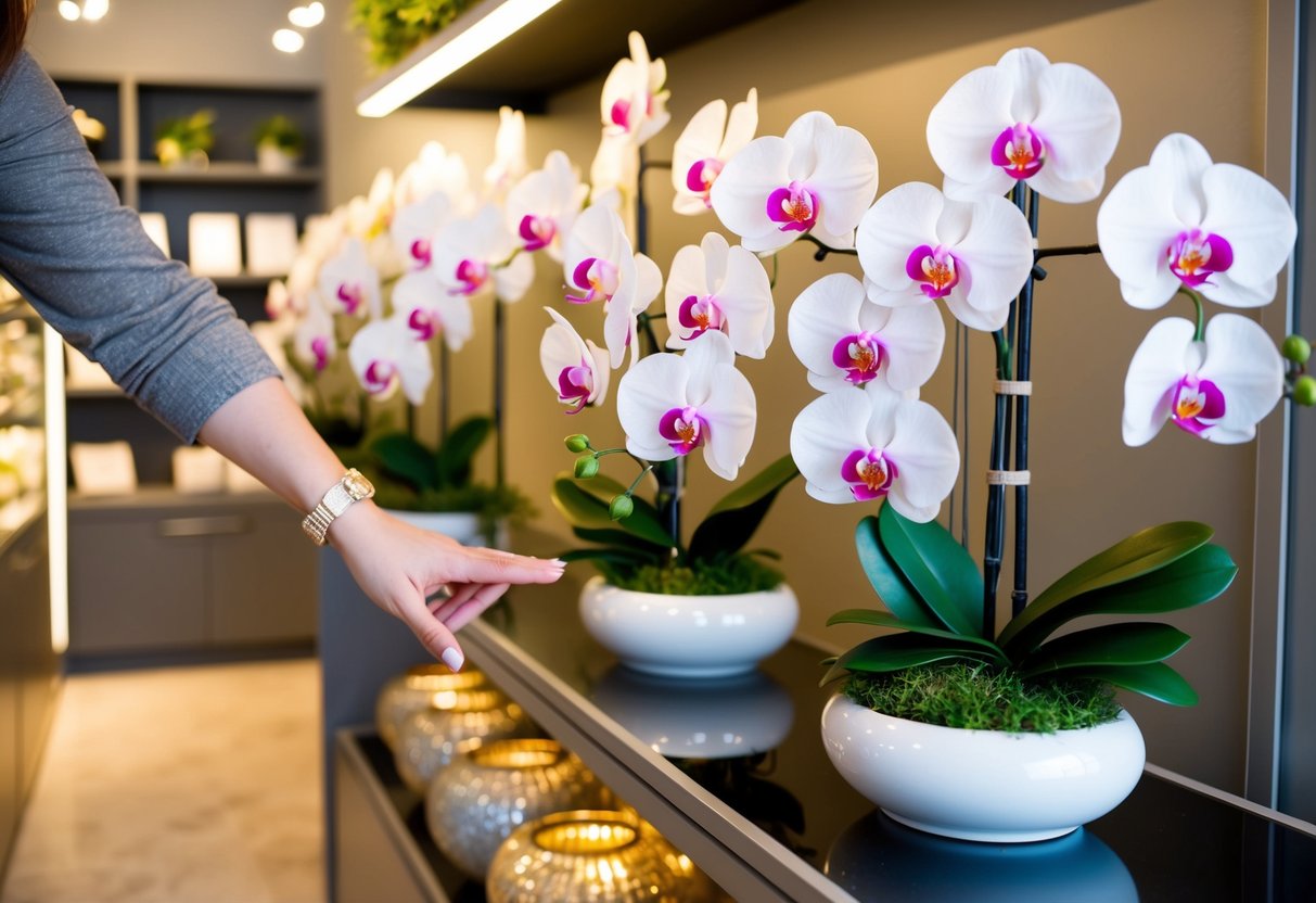 A hand reaching for a silk orchid arrangement on a display shelf in a well-lit and elegant home decor store