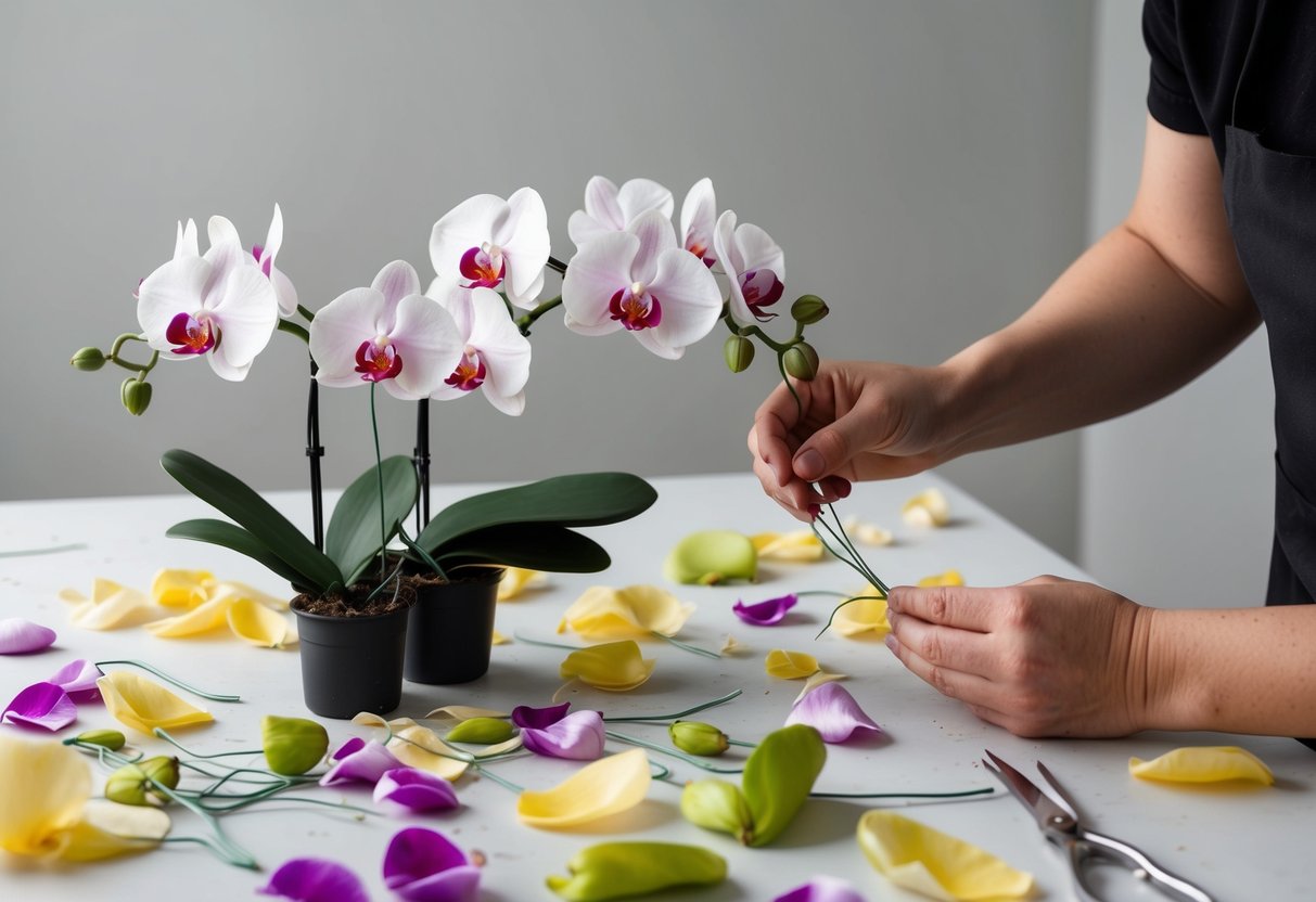 A table scattered with silk petals, wire stems, and glue, as an artist meticulously crafts lifelike orchids