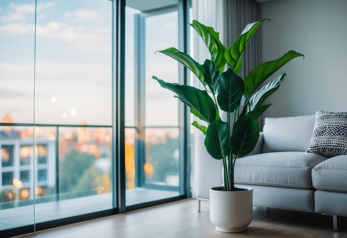 A modern living room with an artificial fiddle leaf plant in a sleek white pot next to a floor-to-ceiling window