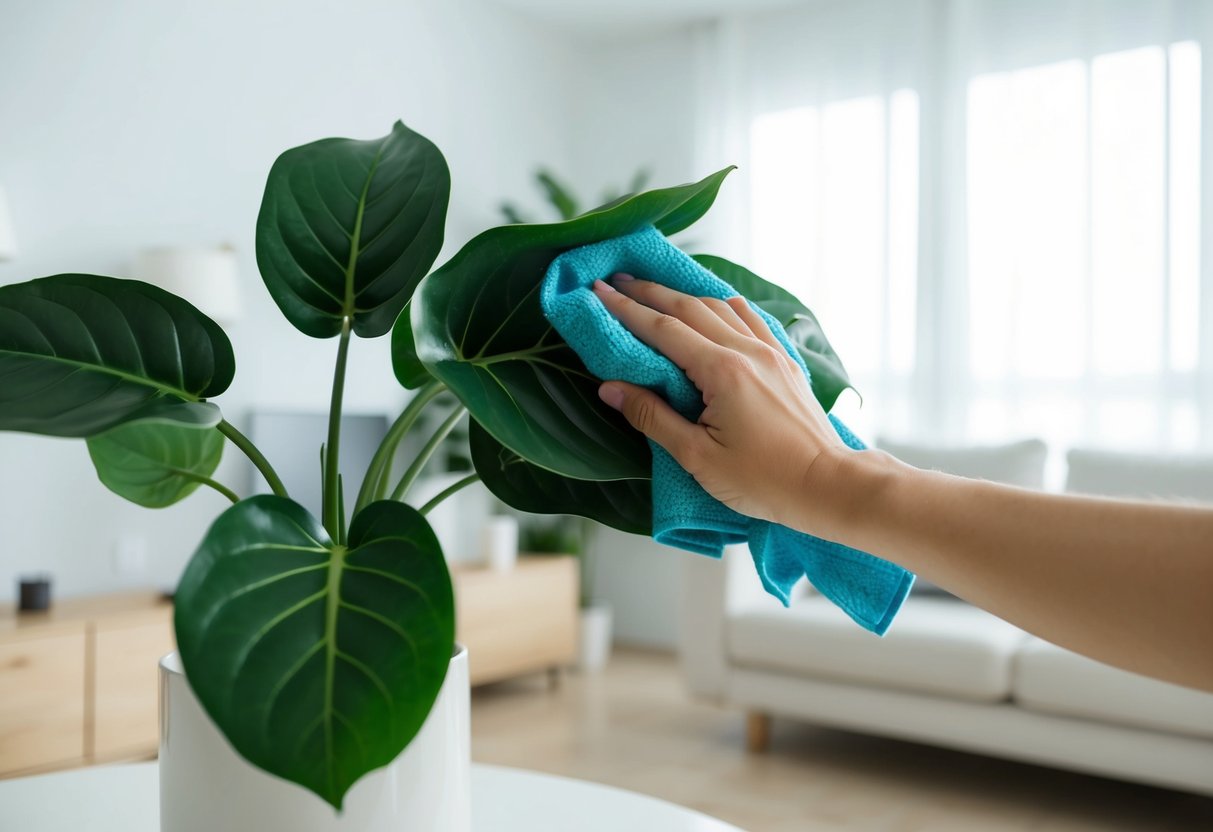 A hand reaching out to dust and wipe down the leaves of an artificial fiddle leaf plant, set against a backdrop of a clean and organized living space