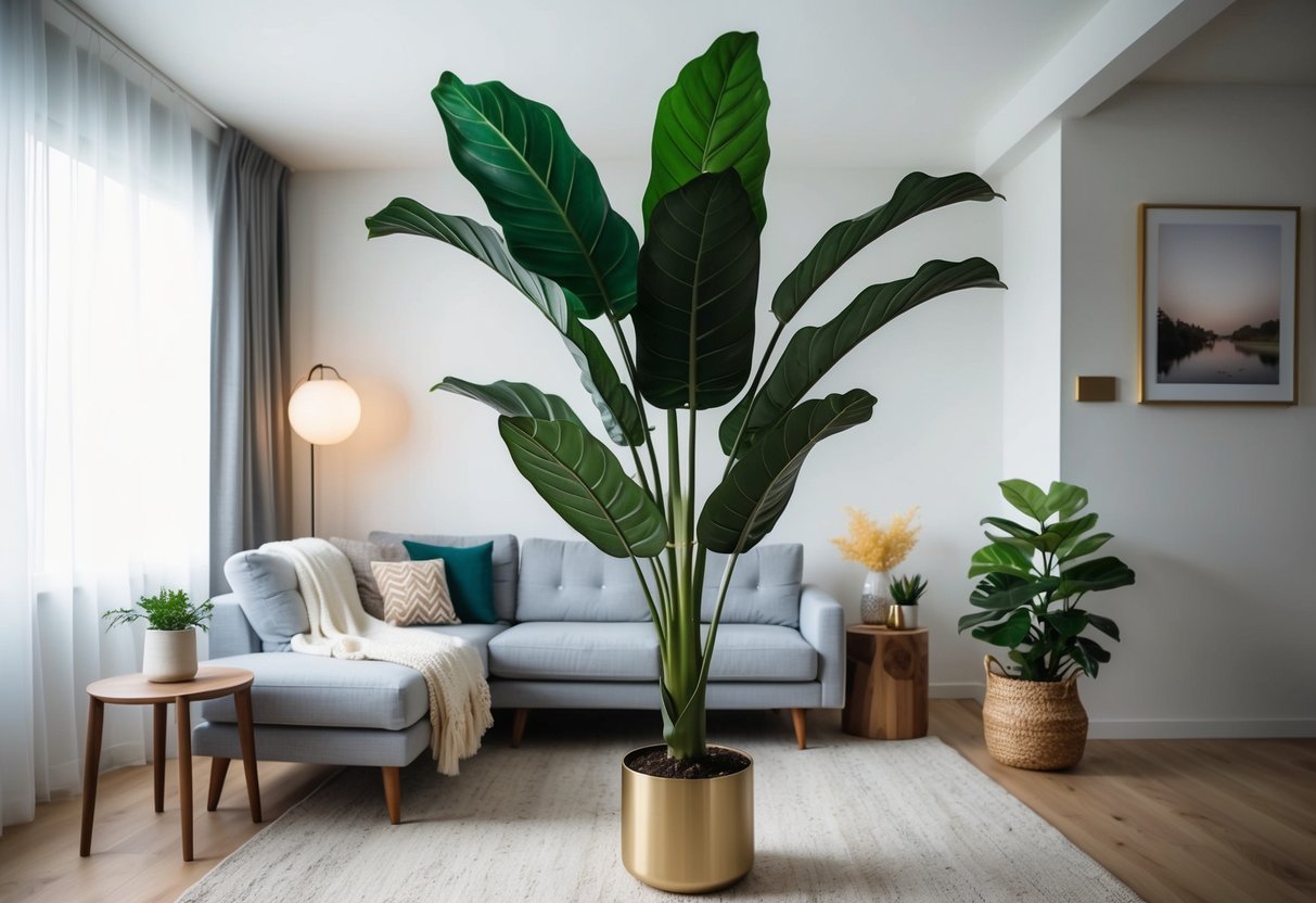 A modern room with a large artificial fiddle leaf plant, surrounded by eco-friendly decor and natural lighting