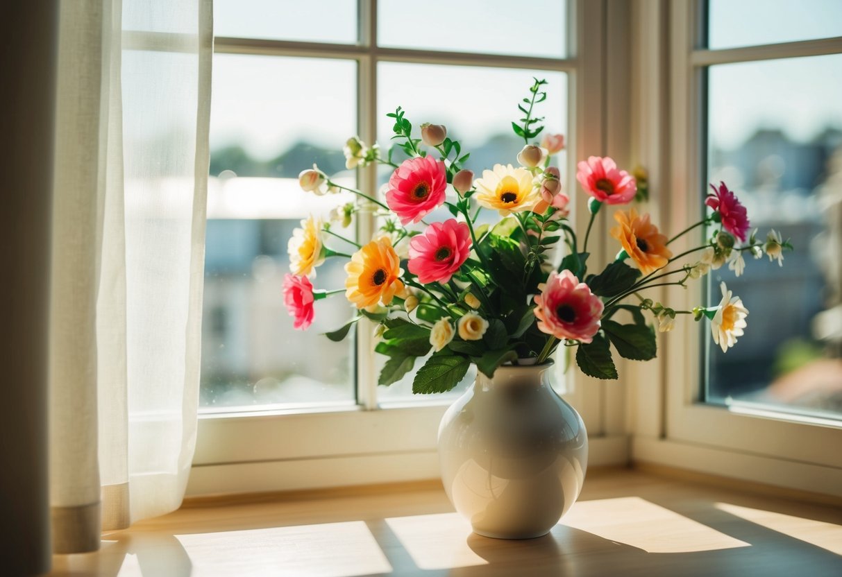 A vase of artificial flowers on a sunlit windowsill