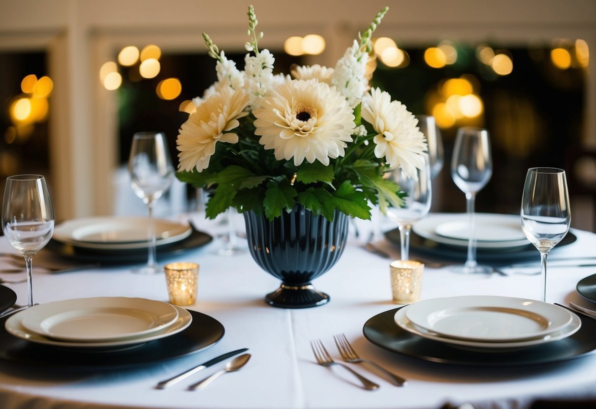 A dining table adorned with artificial flowers in a vase, set for a formal dinner party