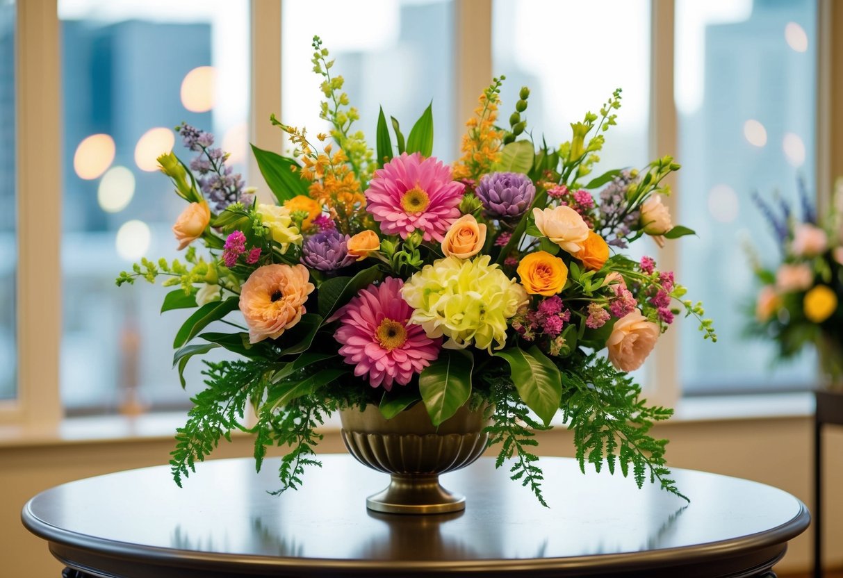 A beautiful artificial flower arrangement sits on a table, with a variety of colorful blooms and greenery arranged in an elegant vase