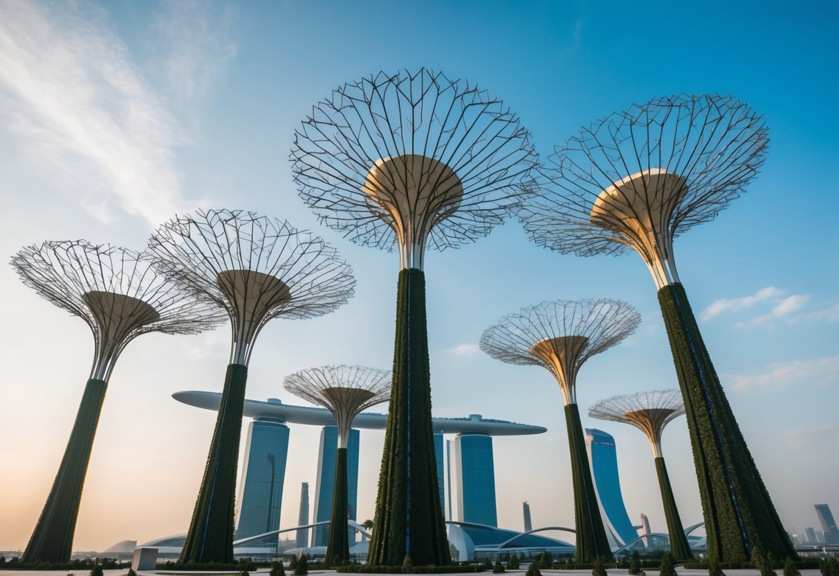 Several large artificial trees stand tall in a futuristic cityscape, their metallic branches reaching towards the sky