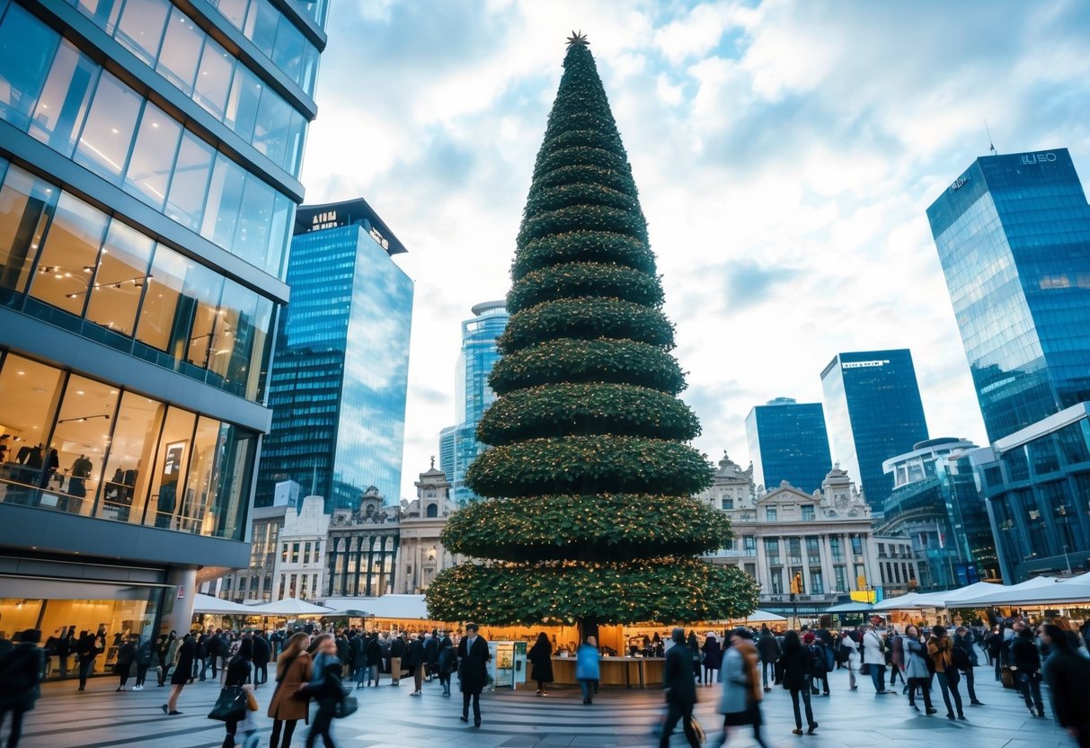 A towering artificial tree stands in a bustling city square, surrounded by modern buildings and bustling with people