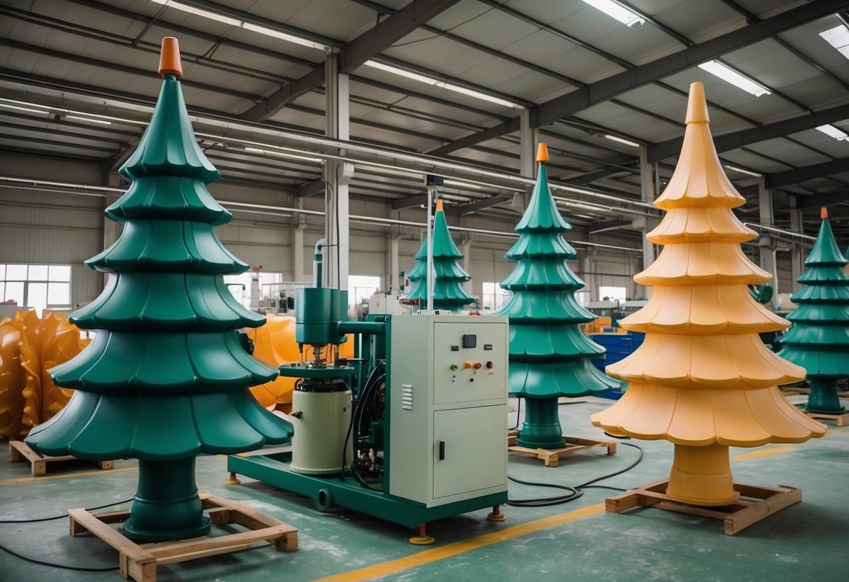 Machines assemble and paint large artificial trees in a spacious factory setting