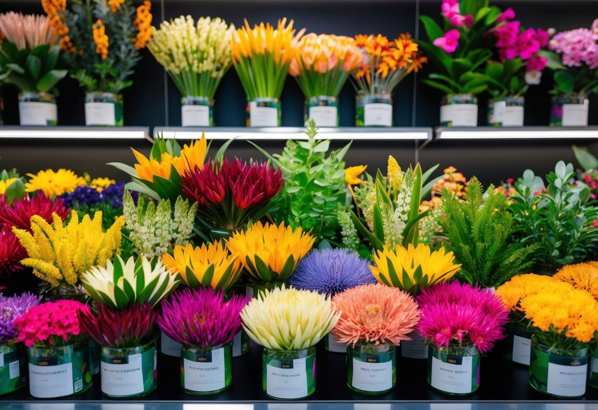 A colorful array of native Australian flowers arranged in an online store, with vibrant blooms and lush greenery