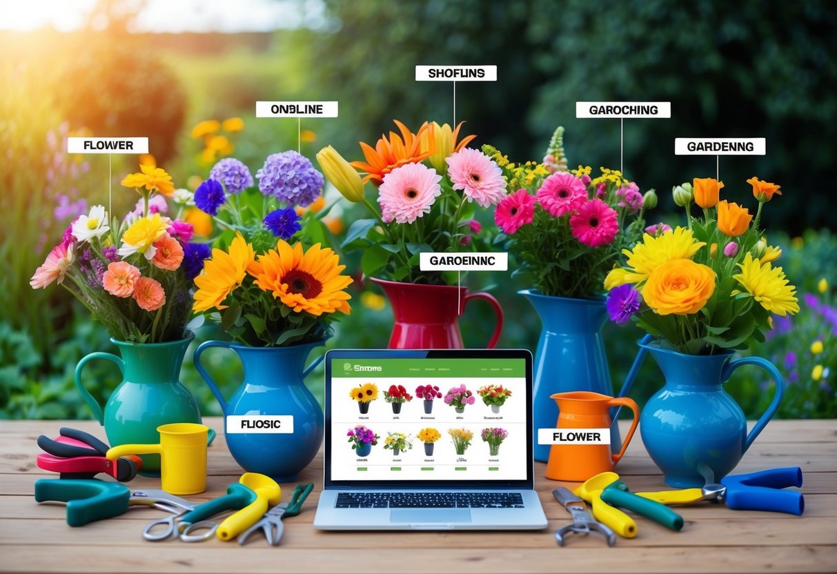 A variety of colorful flowers arranged in vases, with each type labeled, surrounded by gardening tools and a laptop showing an online flower shop