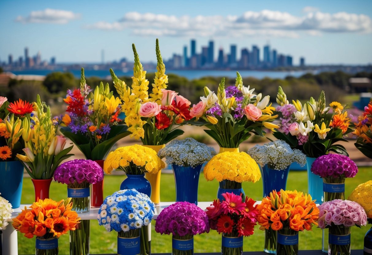 A colorful array of flowers arranged in vases and bouquets, with a backdrop of an Australian landscape or city skyline