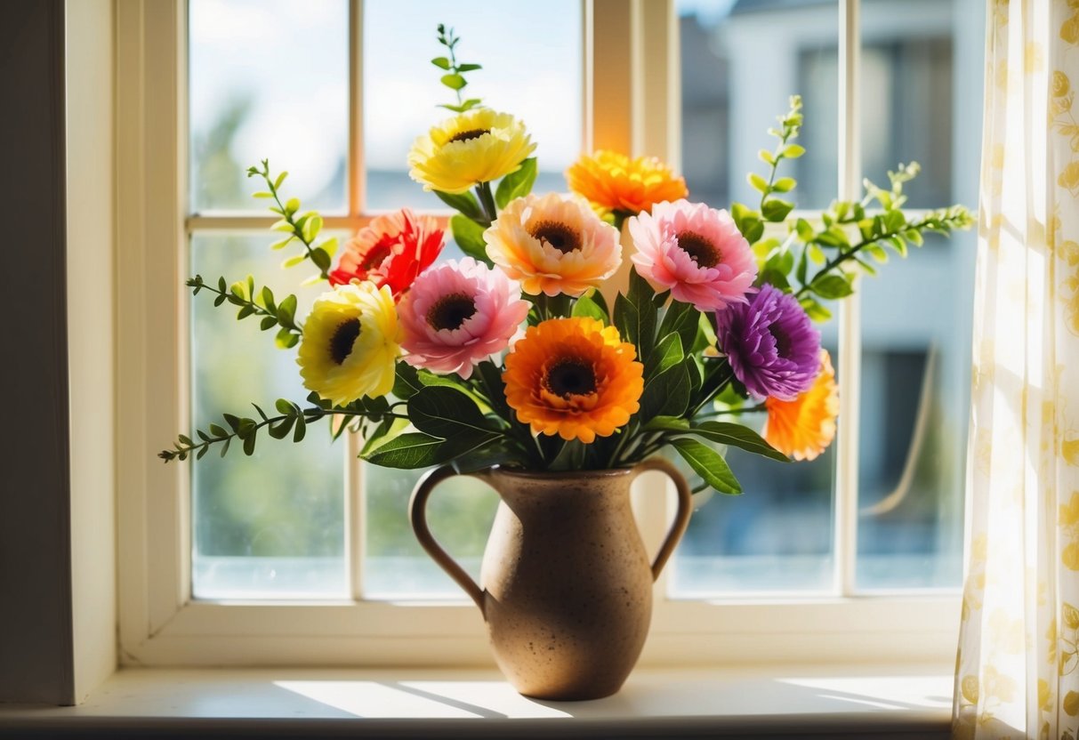 A colorful bunch of artificial flowers arranged in a rustic vase on a sunlit windowsill