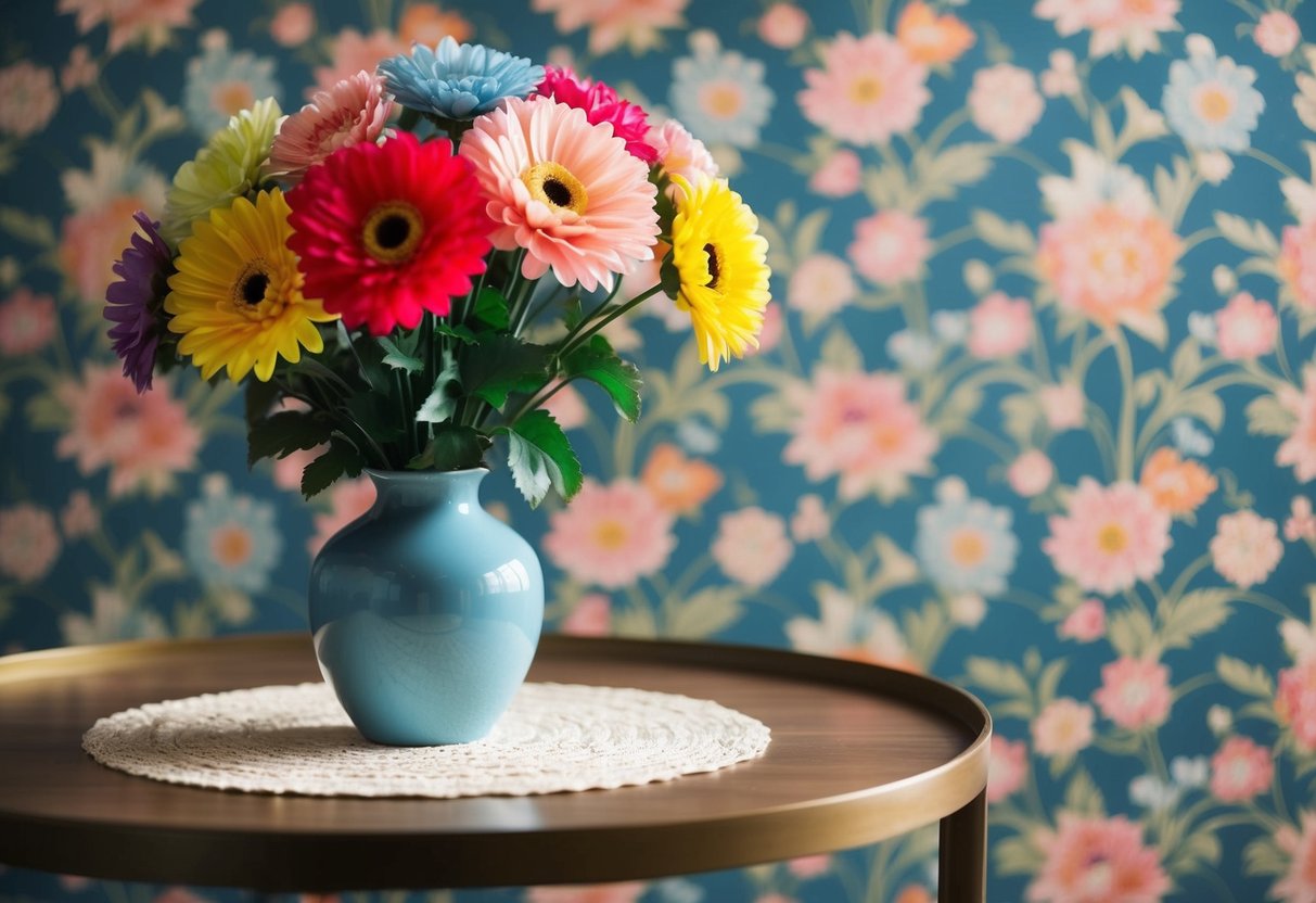 A table with a vase of colorful artificial flowers, surrounded by vintage floral patterned wallpaper