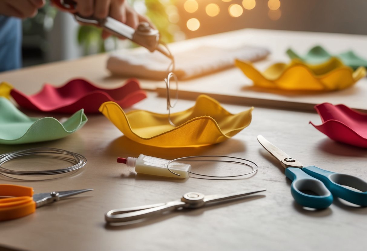 A table with scissors, glue, wire, and fabric petals for artificial flower production