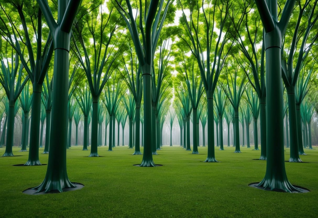 A serene forest of artificial trees, with perfectly symmetrical branches and vibrant green foliage, creating an otherworldly and surreal atmosphere