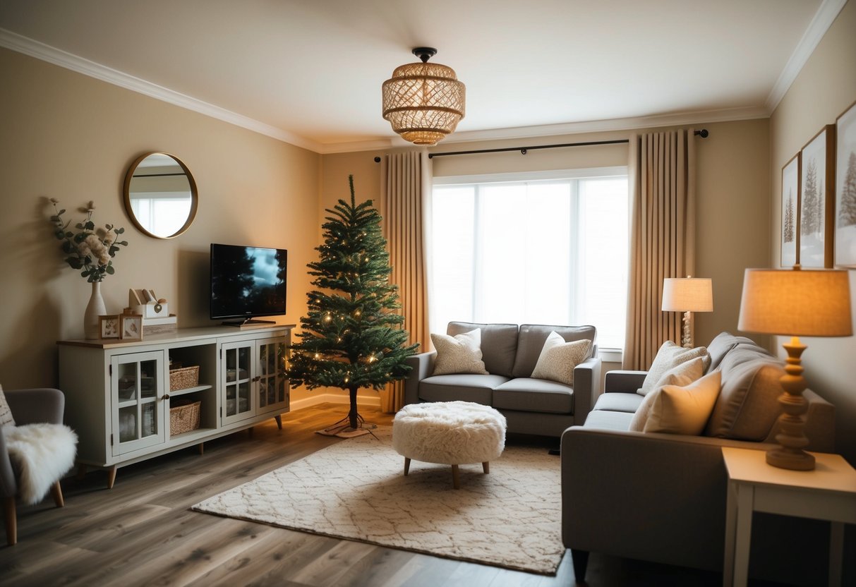 A cozy living room with a fake tree in the corner, surrounded by comfy furniture and warm lighting