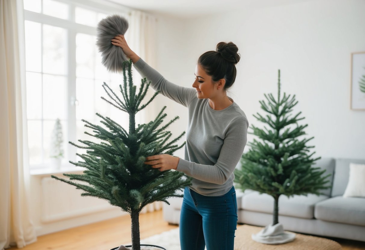 A person dusting and fluffing artificial trees in a bright, tidy living room