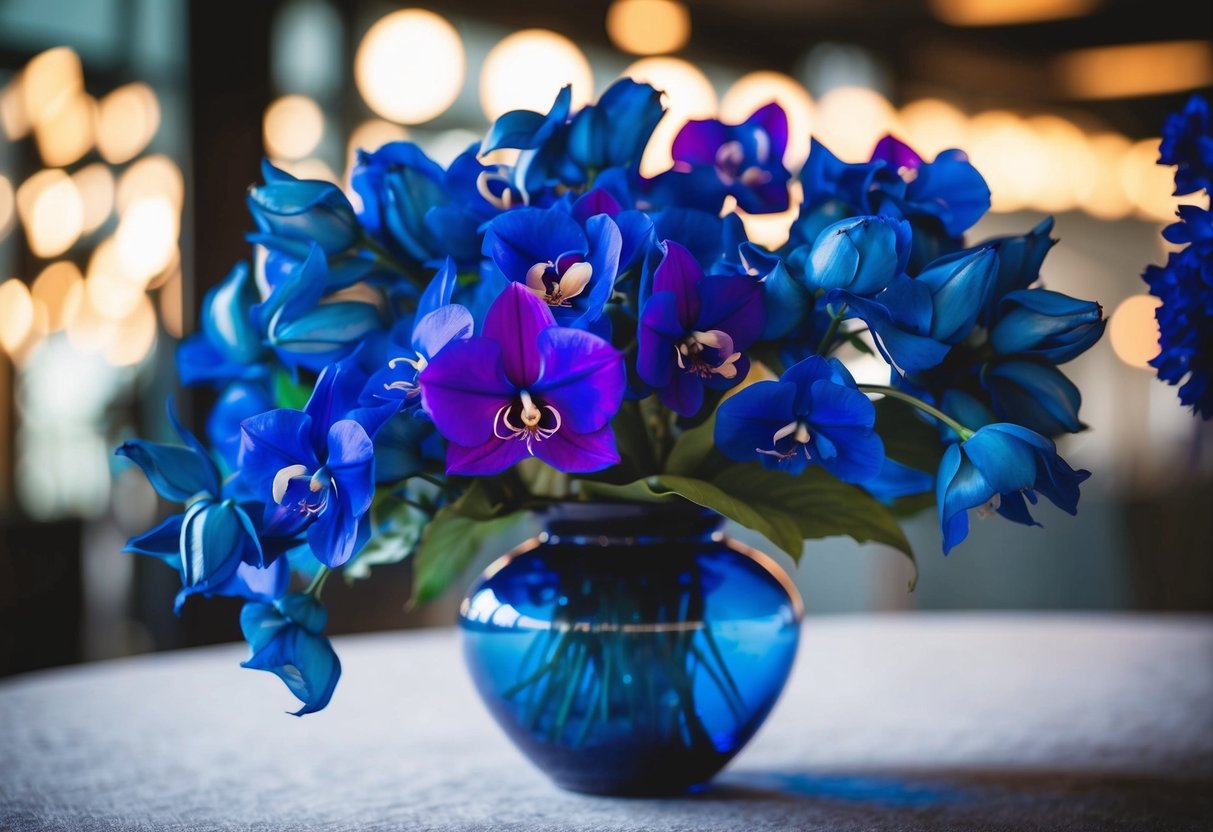 A vase filled with vibrant blue silk flowers