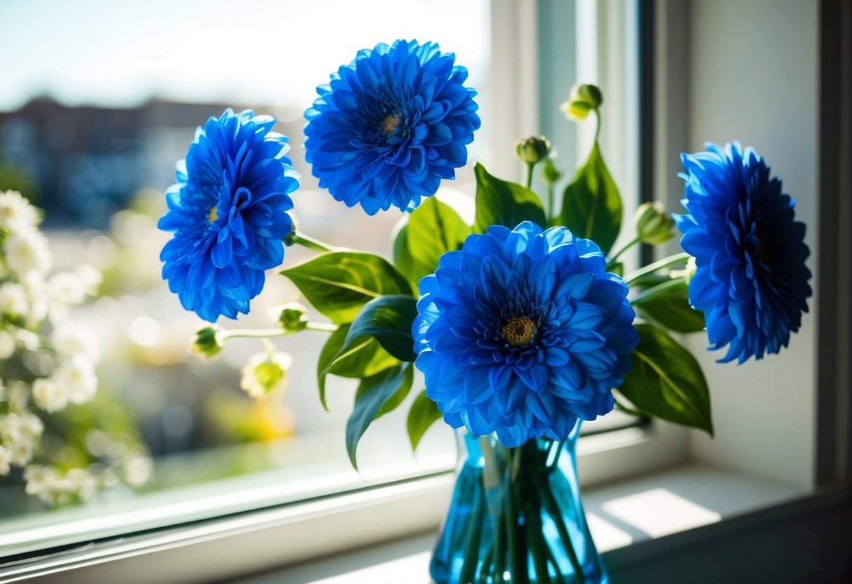 A vase of vibrant blue silk flowers catches the sunlight on a windowsill