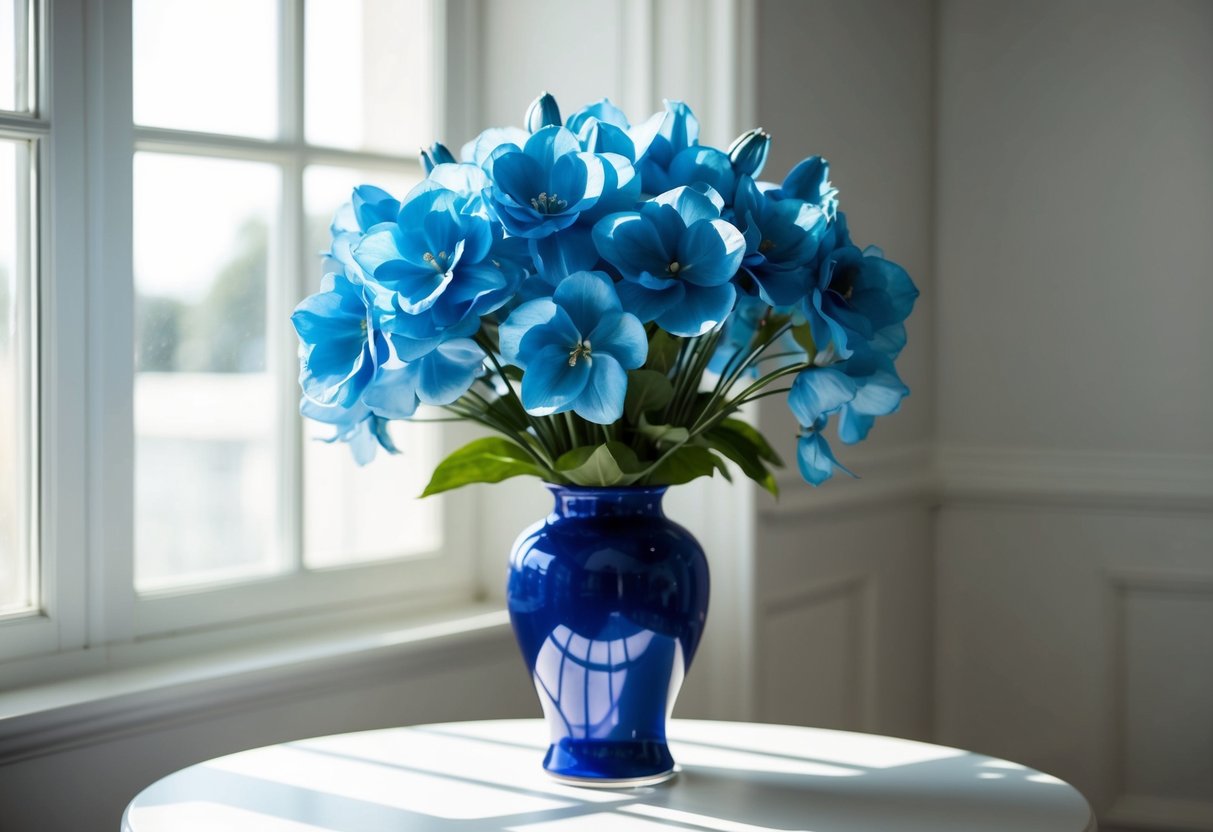 A vase filled with blue silk flowers sits on a white table. Sunlight streams through a nearby window, casting soft shadows on the delicate petals