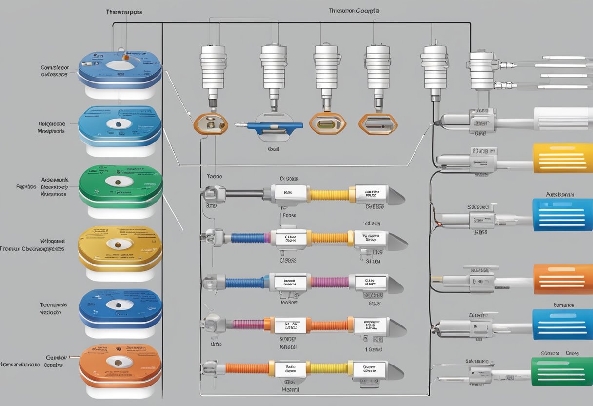 A table displaying various types of thermocouples with accompanying labels and diagrams for comparison