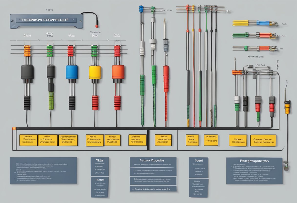 A table displaying various types of thermocouples with labeled components and color-coded wires