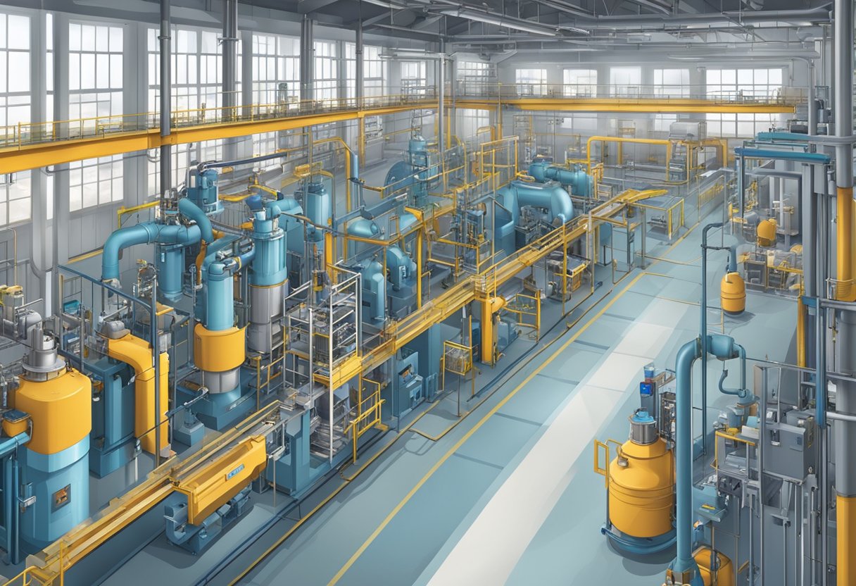 A factory floor with various industrial machinery and equipment, including pipes, valves, and control panels. Different types of thermocouples are mounted on different machines