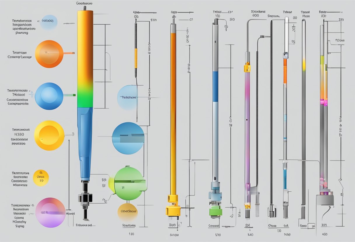 A table displaying various types of thermocouples with their corresponding materials and temperature ranges