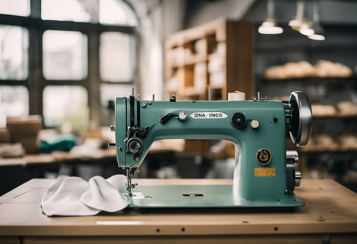 An eIna industrial sewing machine in a well-lit workspace with fabric, thread, and other sewing supplies nearby