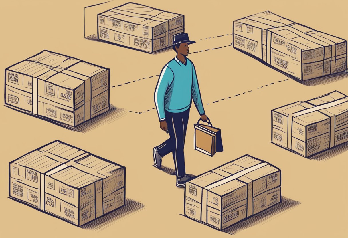 A person packing boxes labeled "expenses" and "debt" while avoiding a pitfall labeled "risky investments" and heading toward a path labeled "savings."