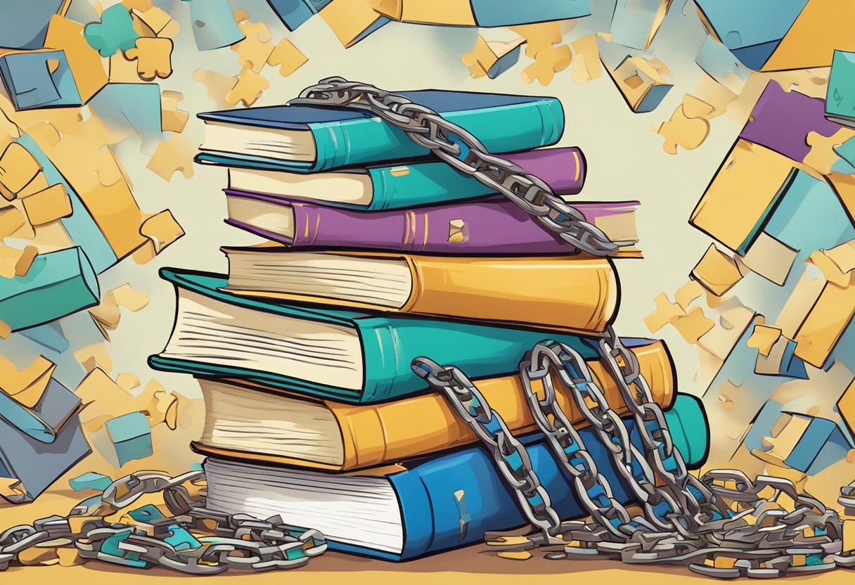 A stack of books with "Moving Myths Debunked" on top, surrounded by broken chains and scattered puzzle pieces