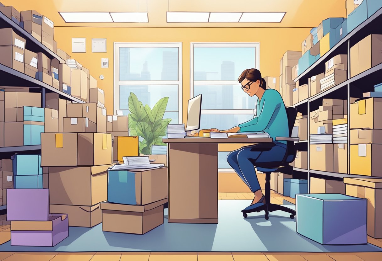 A small business owner packing boxes and organizing files in a bright, cluttered office space