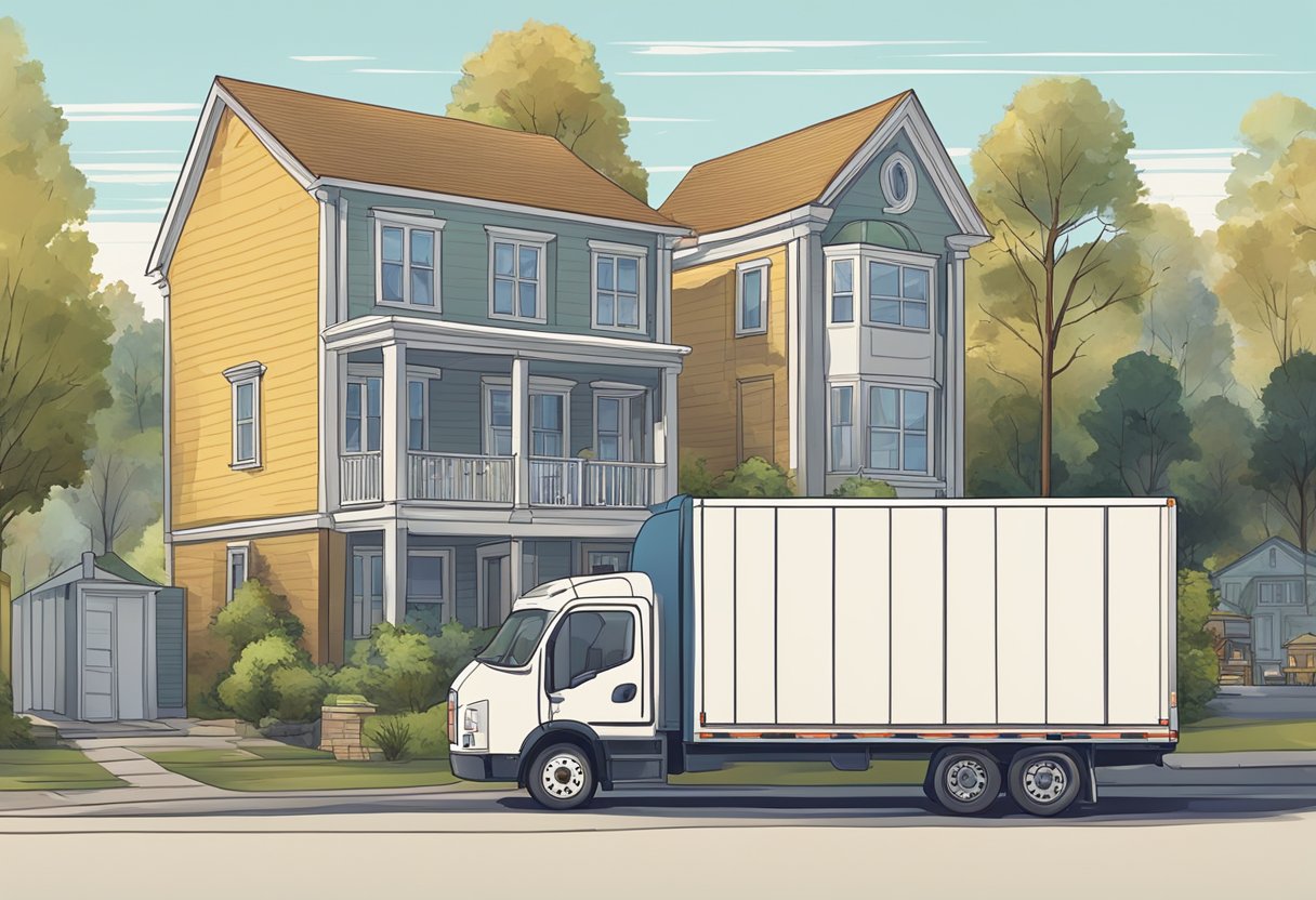 A moving truck parked in front of a house, with boxes and furniture being loaded onto it by movers