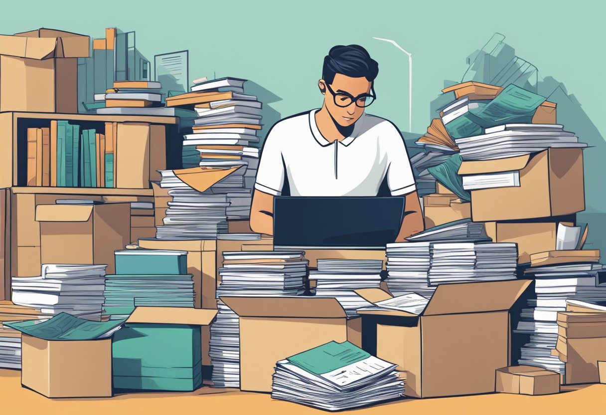 A person packing and organizing financial documents while surrounded by a clutter of moving boxes and a stack of investment books