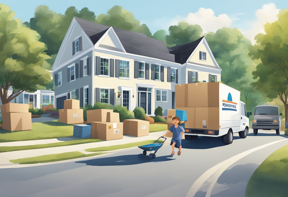 A sunny suburban street in Alpharetta with moving boxes, a moving truck, and a smiling family entering their new home