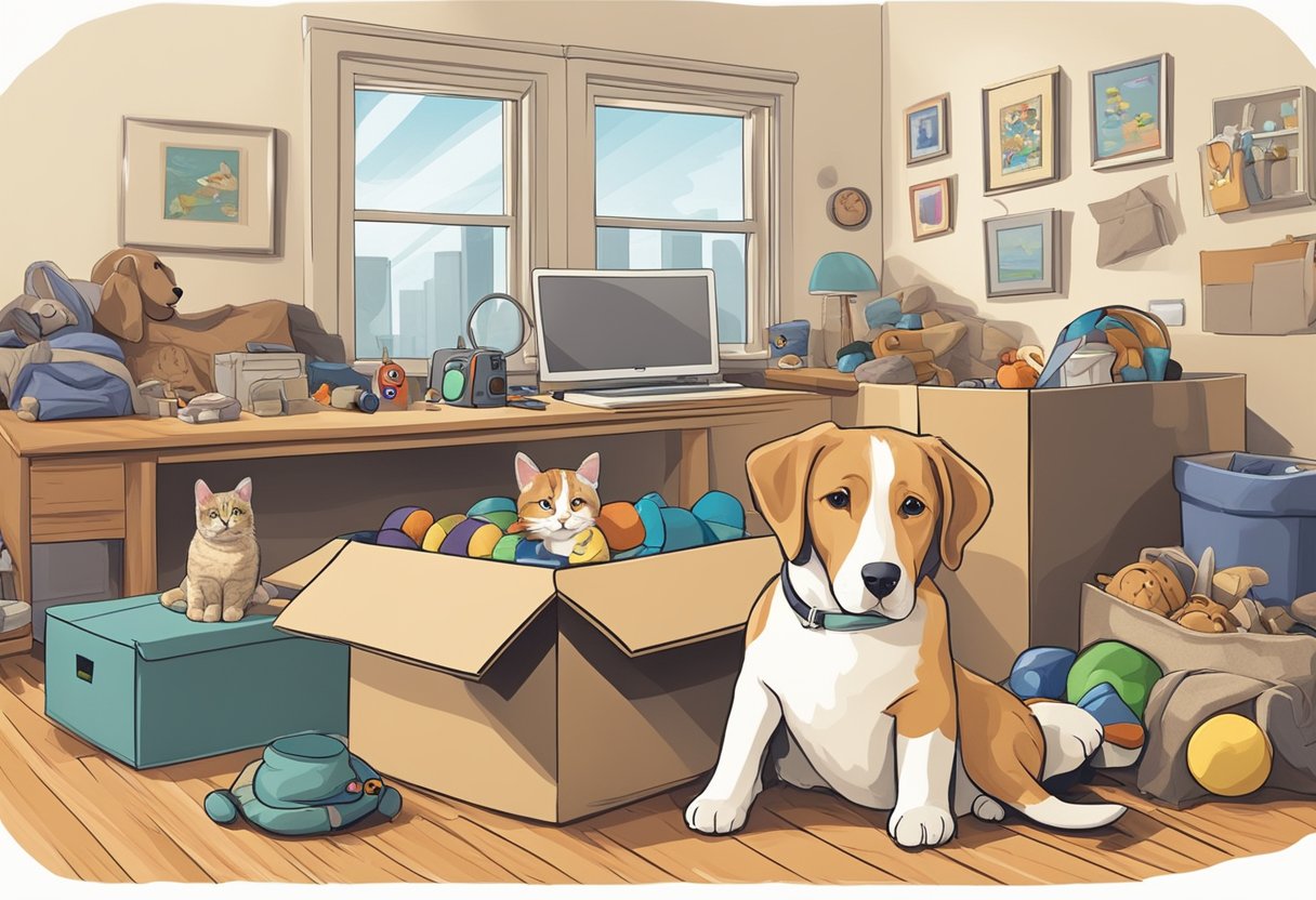 A cat and dog relax in a quiet, clutter-free room with familiar toys and bedding as movers pack and load boxes in the background