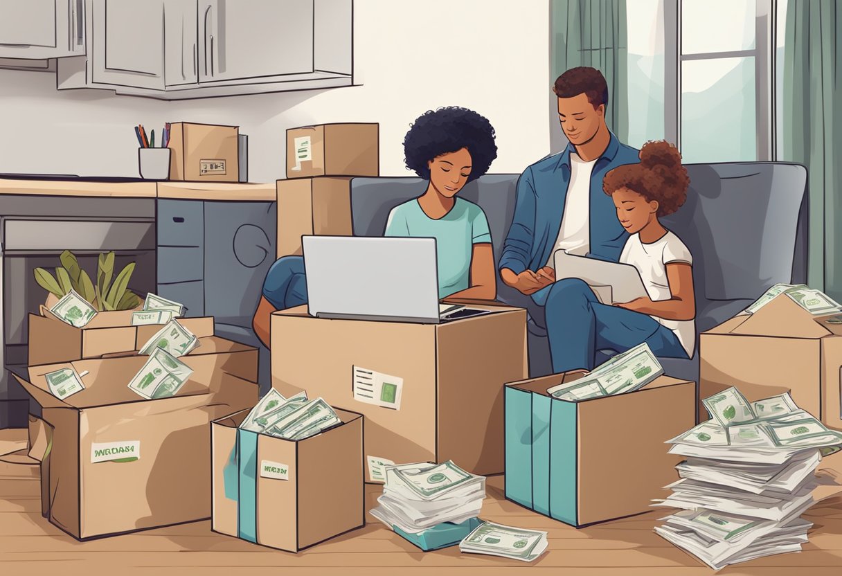 A family packing boxes labeled "financial mistakes" while researching moving expenses on a laptop