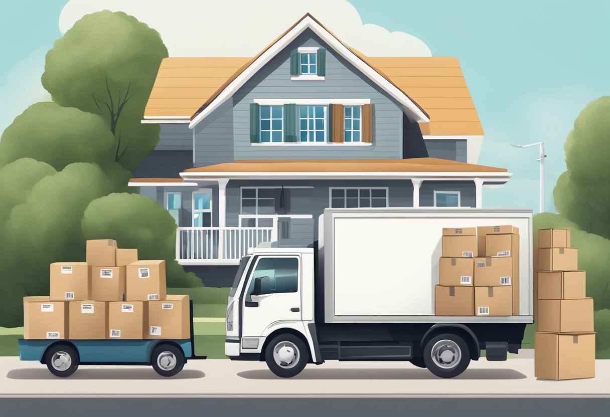 A family's home with moving boxes stacked by the door, a calendar with a date circled, and a moving truck parked outside