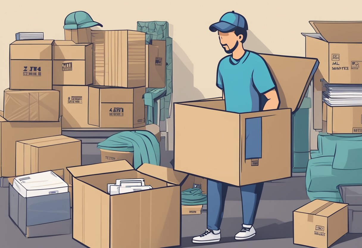 Boxes and furniture labeled with common moving myths being debunked, such as "You can pack everything last minute" and "All movers are the same."