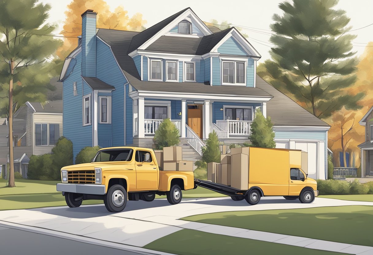 A moving truck parked in front of a suburban home, with movers carrying boxes and furniture into the house