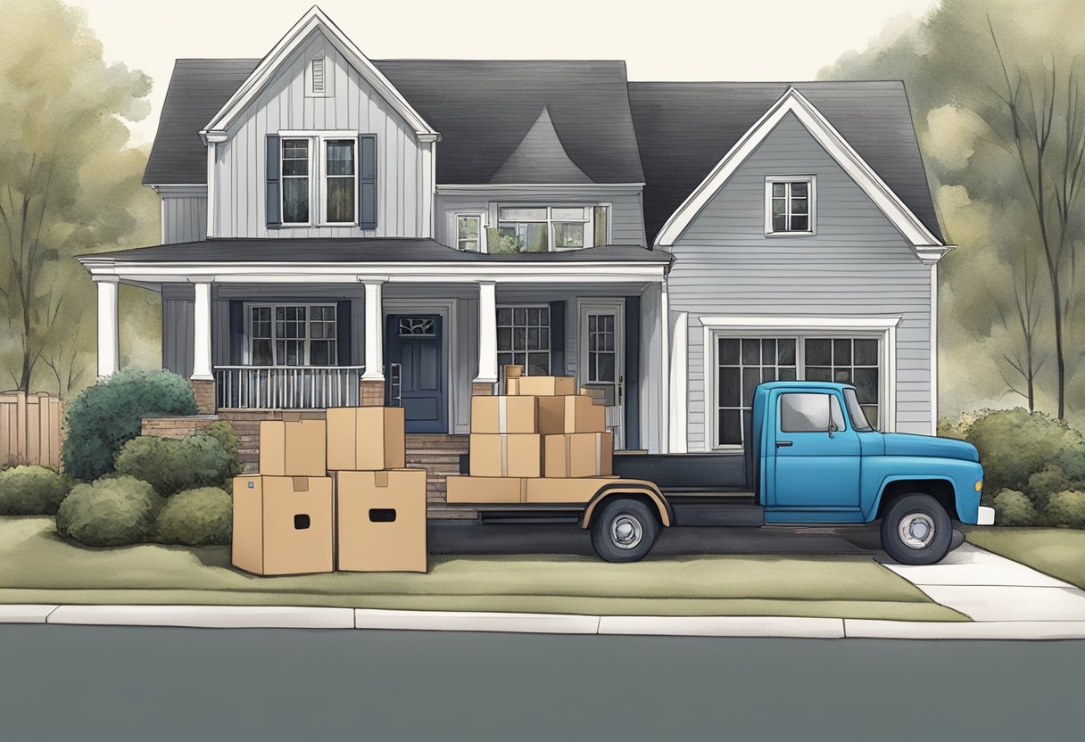 A moving truck parked in front of a cozy house in a quiet Alpharetta neighborhood, with boxes and furniture being unloaded onto the front porch