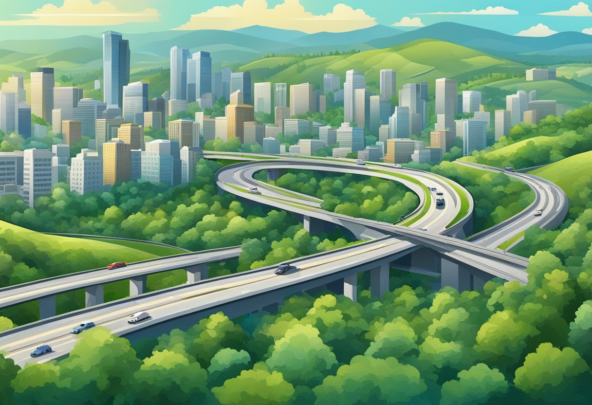 A bustling city skyline with a highway leading outwards, surrounded by lush greenery and rolling hills