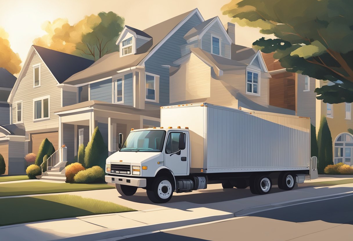 A moving truck parked in front of a suburban house, with boxes and furniture being loaded onto the truck. The sun is shining and the neighborhood is quiet