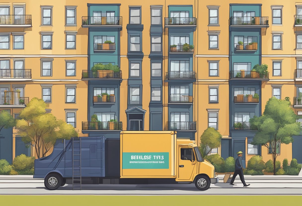 A moving truck parked outside a 3-story apartment building, with movers carrying furniture and boxes into the truck