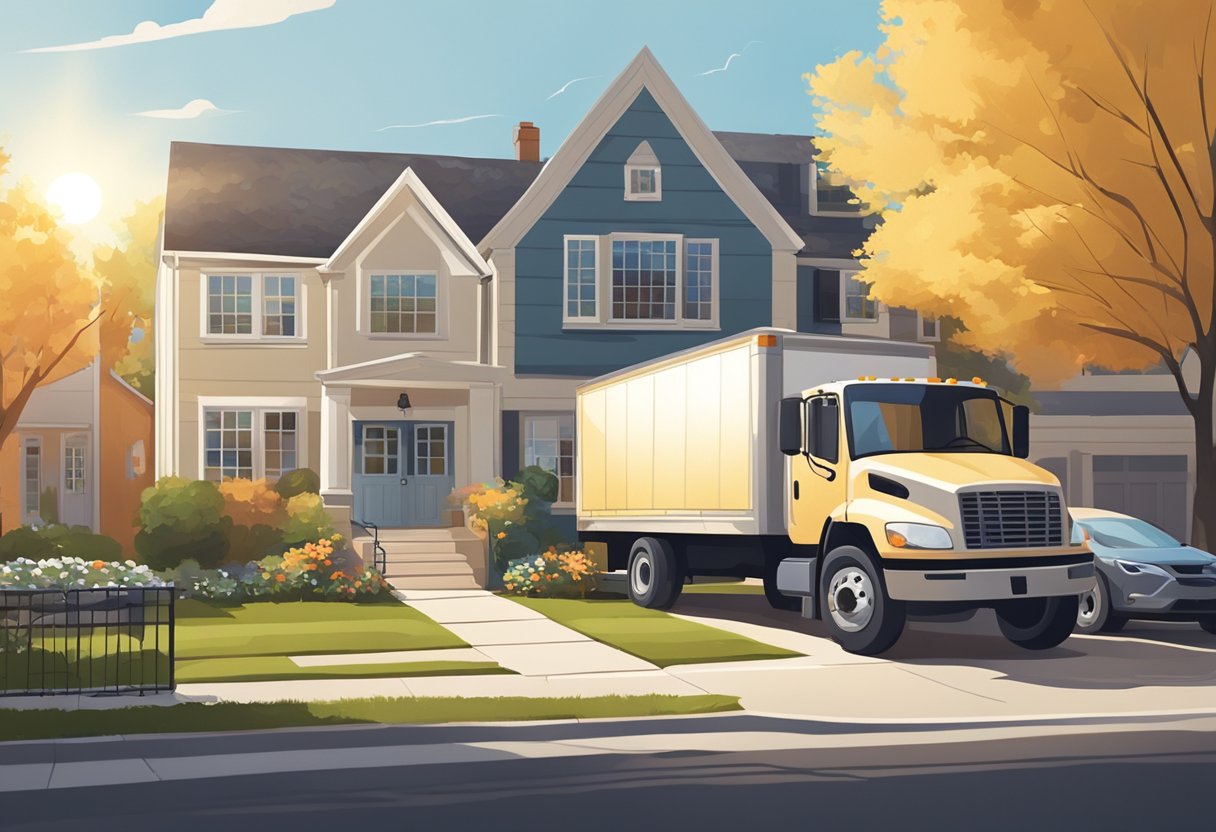 A moving truck parked in front of a suburban home, with movers carrying boxes and furniture into the house. The sun is shining, and the neighborhood is quiet