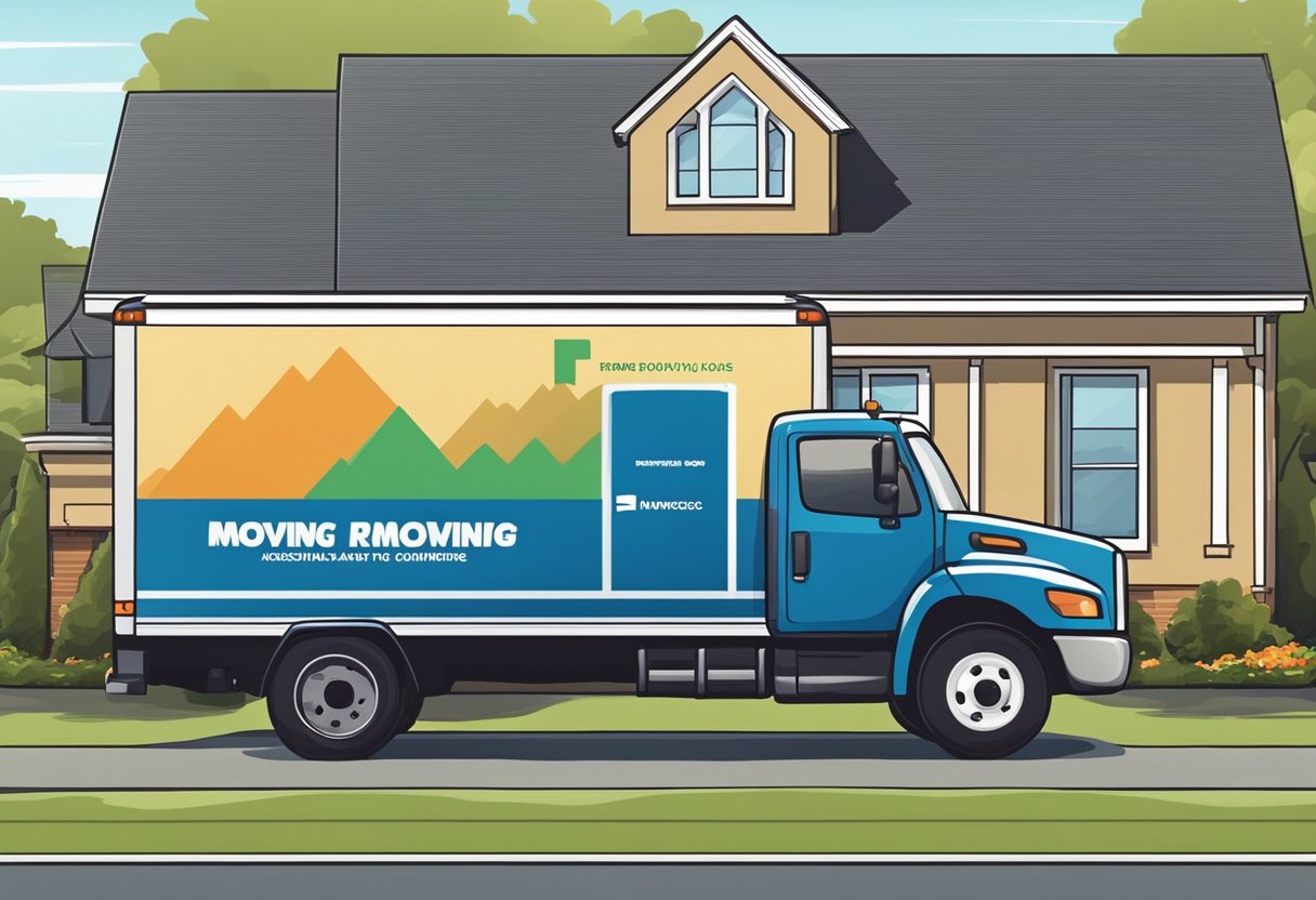 A moving truck parked in front of a suburban home, surrounded by moving boxes and furniture. A moving company logo is visible on the side of the truck