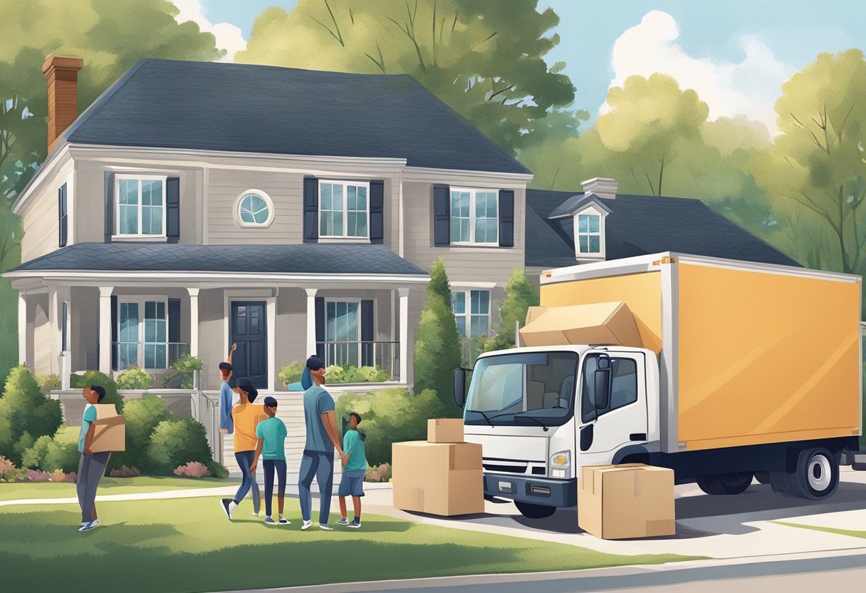 A family home with moving boxes stacked outside, a moving truck parked in the driveway, and a team of movers carrying furniture into the house