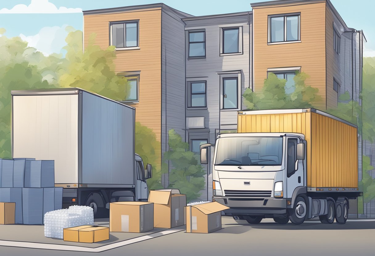 Boxes stacked neatly, bubble wrap and packing tape scattered, a moving truck parked outside a 3-bedroom apartment