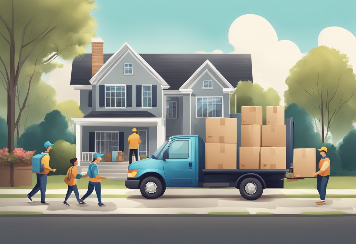 A family home with moving boxes stacked in the living room, a moving truck parked outside, and a team of movers carrying furniture into the new house