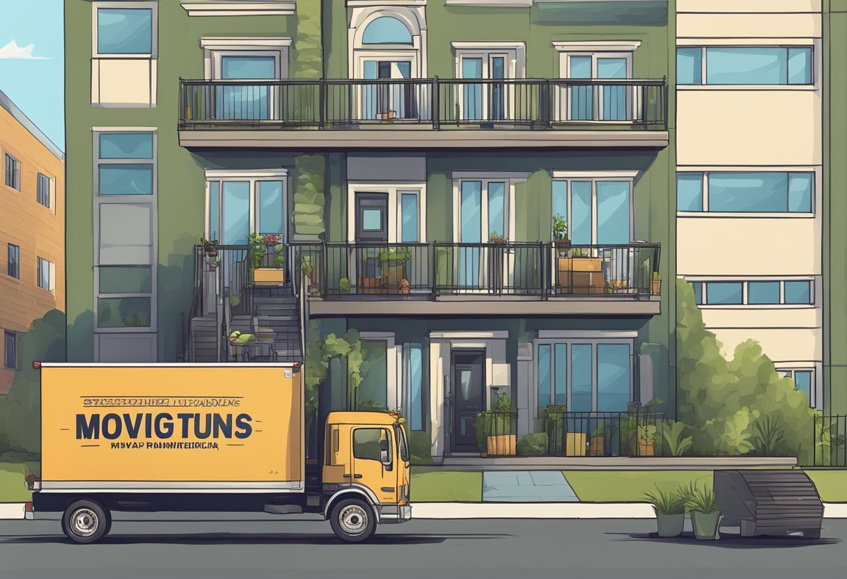 A moving truck parked outside a 3-bedroom apartment, with movers carrying furniture and boxes up a ramp. Additional moving services listed on a sign